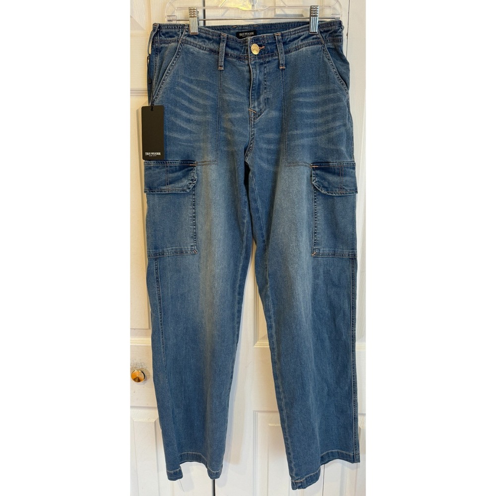 New True Religion Cargo SN Straight Denim Jeans Women's Sz 29 Medium Tide Wash